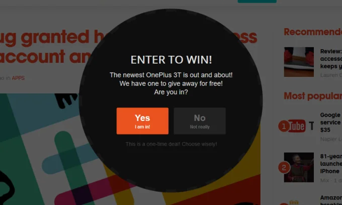Pop-up with phone winning content displayed on a website. Photo: TNW