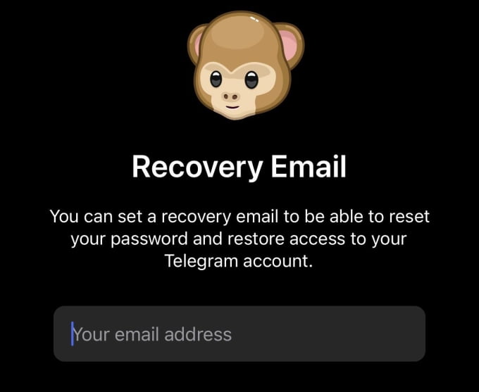 Telegram's recovery email setup interface. This feature is not pre-set, users need to go into the settings to add it themselves. Screenshots