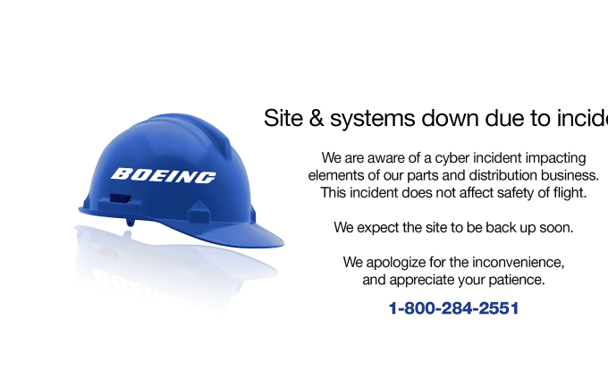 Boeing's sales website announced a shutdown due to a network problem. Screenshots