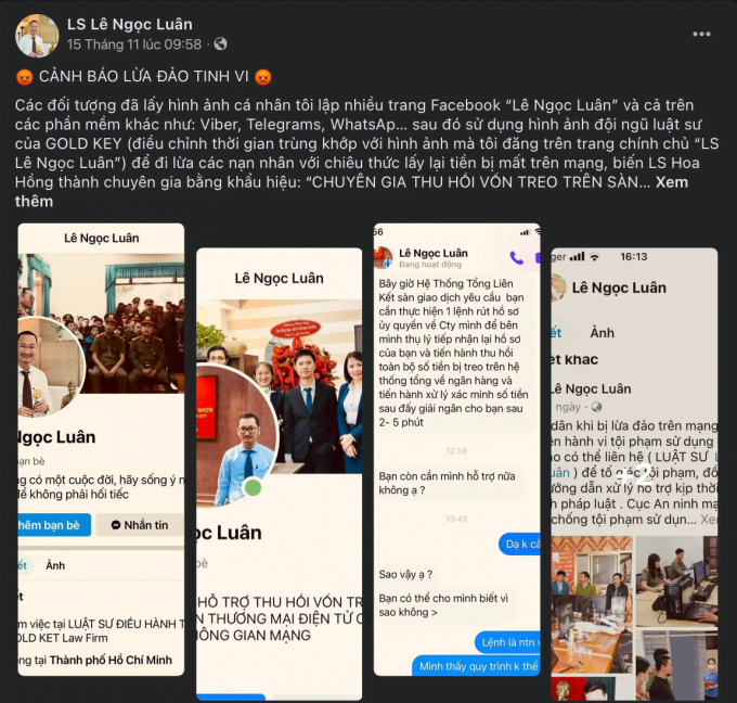 Lawyer Le Ngoc Luan's official Facebook has repeatedly warned and called for reports of fake accounts. Screenshots