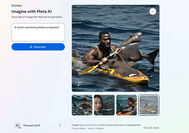 Photo generated by Meta's AI with description A shark swimming below a kayaker. Photo: Gizmodo