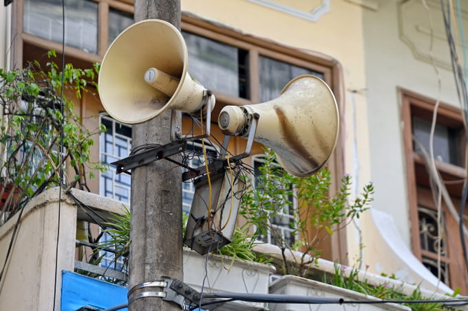 A cluster of street speakers in Hanoi. Photo: Giang Huy