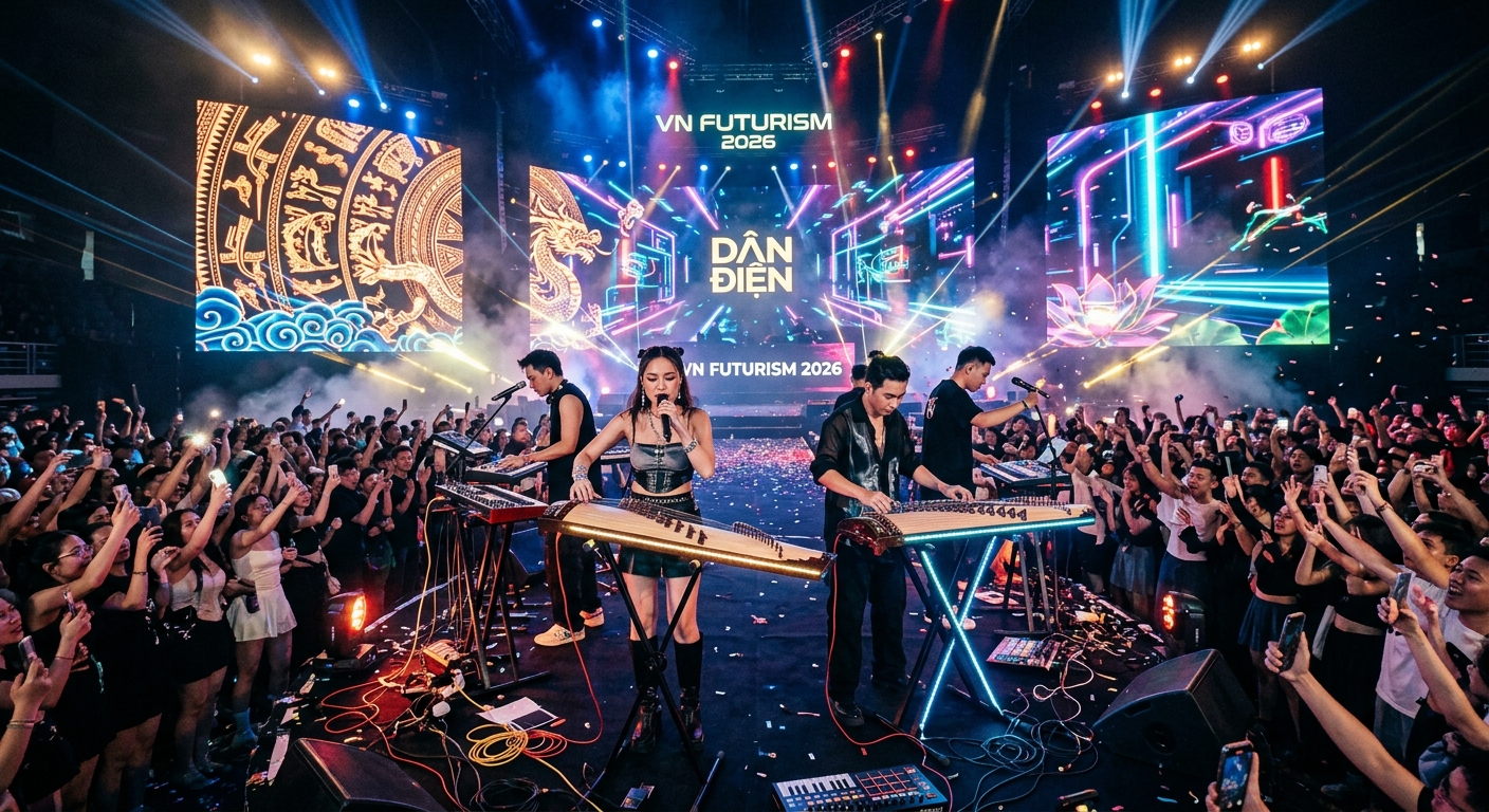 Sân khấu concert 2026 tại Việt Nam với nhạc dân gian đương đại và hiệu ứng ánh sáng 3D