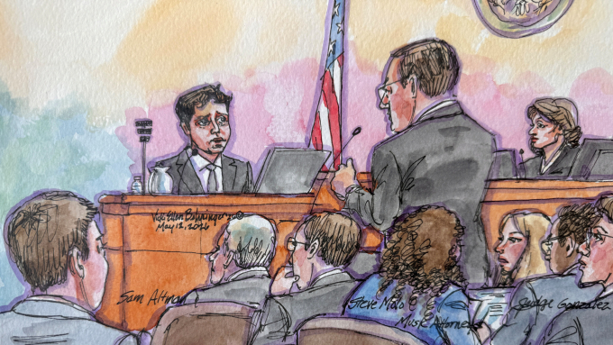 Reuters illustration of OpenAI. Sam Altman being questioned by Elon Musk's lawyer. Photo: Reuters.